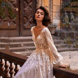 NICEB Boho Vintage Wedding Dress Lantern Sleeves Lace Backless Bride Gown Illusion O-Neck Tulle Vestido De Fiesta De Boda