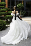 Strapless A-Line Satin Wedding Dresses Off the Shoulder Short Sleeves Sweep Train Bridal Gowns Vestido De Novia