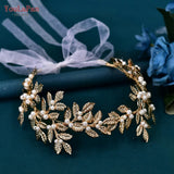 Alloy Leaf Tiara for Woman Pearls Bridal Headband Wedding Hair Accessories Handmade Girl Headpiece with Organza HP353