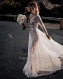 V- Neck Sequins Wedding Dresses Long Sleeves Floor Length Backless Bridal Gowns Robe De Marié