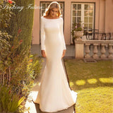Mermaid Wedding Dresse Satin Cowl Back O-Neck Bridal Gown Simple White Long Sleeves Vestido de Novia 2023 Sweep Train