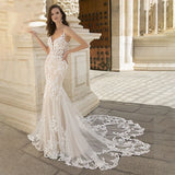 Mermaid Wedding Dress For Women Lace Appliques V-neck Spaghetti Straps Vestido De Novia Backless Bridal Gown Court Train