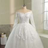 Neck White Full Sleeve Wedding Dresses Long Appliques Lace Embroidery Sweetheart Off the shoulder Vintage Bridal Ball Gowns