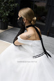 Strapless A-Line Satin Wedding Dresses Off the Shoulder Short Sleeves Sweep Train Bridal Gowns Vestido De Novia