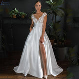 Satin Wedding Dresses Elegant Applique 3D Flroal Cap Sleeves Bridal Gowns Backless Side Slit Vestido De Novia For Bride