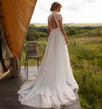 Boho Lace Tulle High Neck Wedding Dress 2023 Cap Sleeves A-Line Bohemian Bridal Gown Vintage Elegant Robe De Mariée