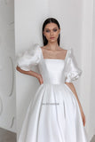 Boat Neckline Satin Wedding Dress Puff Sleeve Princess A-Line Bridal Gowns Robe de mariage