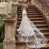 V-Neck Wedding Dress Lace Appliques Backless Sexy Mermaid Bride Gown Tulle Zipper Button Court Train Vestidos De Noiva