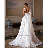 Boho Wedding Dress Vintage Fashion Elegant Ladies A-Line Lace Backless Bridal Dress with Applique Straps Silk Satin Robe De