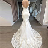 Lace Applique Sleeveless Mermaid Wedding Dress For Bride 2023 Backless Elegant Spandex Bridal Gown V-Neck Spaghetti Strap