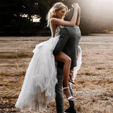 Lace Tulle Illusion Wedding Dress For Bride V-Neck Chic Bridal Party Gown Women Beach Vestidos De Noiva Mariage Custom Made