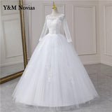 Video Cheap Luxury Pearls Ball Gowns O-Neck Off White Tulle Bridal Dress For Wedding Dresses with Sleeve Plus Size Custome