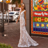 Lace Appliques Mermaid Wedding Dress Sheer V-Neck Sleeveless Open Back Bridal Gown For Women Custom Made Robe De Mariée