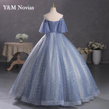 New Gray Blue Quinceanera Dresses Plus Size Ball Gowns With Sleeves Puffy Dresses For Prom Sweet 16 Dress Vestido De 15anos