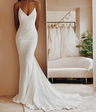 Simple Satin Wedding Dress V-neck Spaghetti Straps Backless Formal Pleat Bridal Growns vestido de noiva Sweep Train 2023