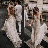 Backless Wedding Dresses Deep V-neck Shiny Robe De Mariée Formal Bride Be атласное платье Vestido De Novia Sweep Train