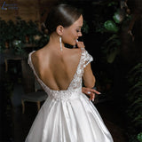 Satin Wedding Dresses Elegant Applique 3D Flroal Cap Sleeves Bridal Gowns Backless Side Slit Vestido De Novia For Bride