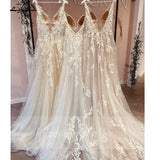 V Neck Lace Appliques Wedding Dresses Champagne Bridal Gowns A Line Wedding Gown estido de noiva praiano