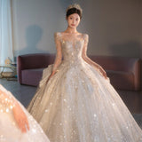 Long Sleeve Beading Wedding Dress Sexy See Through Square Collar Luxury Sweep Tain Winter Bridal Gowns Vestido De Noiva