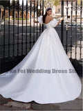 Women's Bridal Dresses Satin Pleated Sexy Off Shoulder Bubble Sleeve Removable Princess Prom Wedding Welcome Guest Gowns