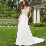 NICEB Beach Elegant Wedding Dress Women Square Neck Lace Appliques Backless Bride Gown Chiffon A Line Vestidos Para Mujer
