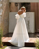 Sweetheart Satin Wedding Dresses Long Puff Sleeves Bridal Gowns Custom Made Robe De Mariée