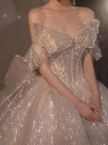 New Strapless Wedding Dress Off The Shoulder With Bow Glittery Lace Bridal Bal Gown Vestido De Noiva Plus Size Made Custom