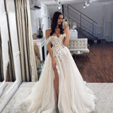 Ladies Off Shoulder Lace Appliqué Beach Wedding Dress Boho Side High Slit Bridal Dress Sleeveless Robe De Mariée 2023 Noiva