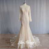 Gorgeous Long Sleeve Lace Mermaid Wedding Dress Illusion Tulle Bridal Gown With Button Back Sheer O-Neck Sweep Train