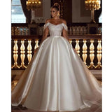 A-Line Sexy Off Shoulder Wedding Dresses Shiny Bohemia Women's Tulle Princess Satin Bridal Gowns Robe De Mariée Vestido فست