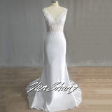 V-Neck Mermaid Wedding Dresses For Women 2023 Sleeveless Lace Backless Vintage Long White Bridal Gown Sweep Train