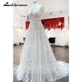 A Line Boho Wedding Dress Spaghetti Straps Lace Tulle V Neck Sleeveless Open Back Vestidos de Fiesta