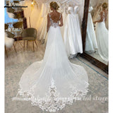 A-Line Split Chiffon Illusion Bodice Backless Beach Wedding Dresses for Women Appliques Summer Boho Bride Dress