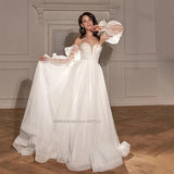 Sweetheart Beach A-Line Wedding Dresses Long Puff Sleeves Lace Appliques Bridal Gowns Vestido De Noiva