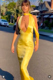 Classy Sheath V Neck Yellow Satin Prom Dresses Formal Summer Wedding Guest Dresses Wedding Guest Outfit HZ1214
