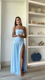 Simple A line Strapless Blue 20th Birthday Dress Long Chiffon Prom Dress Birthday Outfits For Women HZ1214