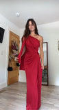 Sexy Sheath One Shoulder Red Prom Dresses Formal Summer Wedding Guest Dresses With Scarf Wedding Guest Outfit HZ1214