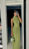 Sexy A line High Neck Sage Green Chiffon Prom Dresses Formal Summer Wedding Guest Dresses Wedding Guest Outfit HZ1214