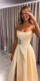 Modest A line Strapless Yellow Slit Satin 20th Birthday Dress Prom Dress 18th Birthday Outfits For Women HZ1214