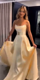 Modest A line Strapless Yellow Slit Satin 20th Birthday Dress Prom Dress 18th Birthday Outfits For Women HZ1214