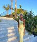 Sexy A line One Shoulder Yellow Backless Long Prom Dresses Formal Summer Wedding Guest Dresses Wedding Guest Outfit HZ1214