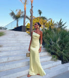 Sexy A line One Shoulder Yellow Backless Long Prom Dresses Formal Summer Wedding Guest Dresses Wedding Guest Outfit HZ1214