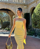 Sexy Sheath Strapless Yellow Knee Length Prom Dresses Formal Summer Wedding Guest Dresses Wedding Guest Outfit HZ1214