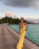 Modest A line Spaghetti Straps Yellow Satin 20th Birthday Dress Prom Dress 18th Birthday Outfits For Women HZ1214