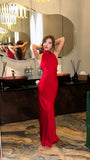 Classy A line High Neck Red Satin Prom Dresses Formal Summer Wedding Guest Dresses Wedding Guest Outfit HZ1214