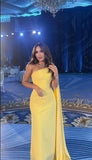Modest Sheath One Shoulder Yellow Prom Dresses Formal Summer Spring Wedding Guest Dresses Wedding Guest Outfit HZ1214