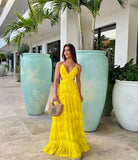 Modest A line Spaghetti Straps Yellow Chiffon Prom Dresses Formal Summer Spring Wedding Guest Dresses Wedding Guest Outfit HZ1214