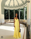 Sexy A line Spaghetti Straps Yellow Satin Long Prom Dresses Formal Summer Wedding Guest Dresses Wedding Guest Outfit HZ1214