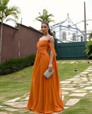 Modest A Line Strapless Chiffon Orange Prom Dresses Formal Summer Spring Wedding Guest Dresses Wedding Guest Outfit HZ1214