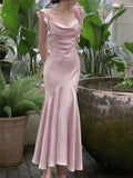 Sexy Mermaid Straps Pink Satin Prom Dresses Formal Summer Wedding Guest Dresses Wedding Guest Outfit HZ1214